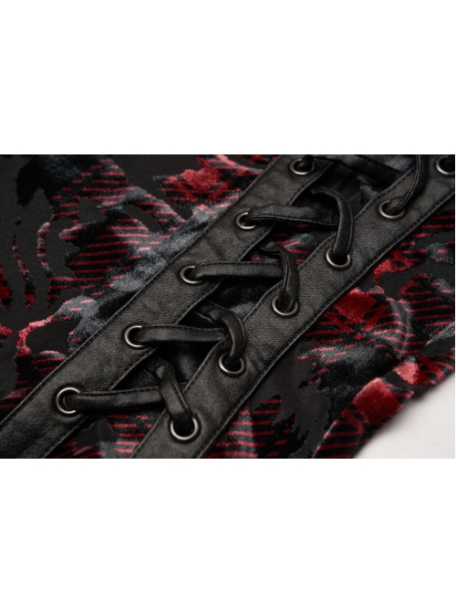 Front Splice Imitation Leather Lace-Up Classic Red Plaid Punk Plus Size Printing Legging
