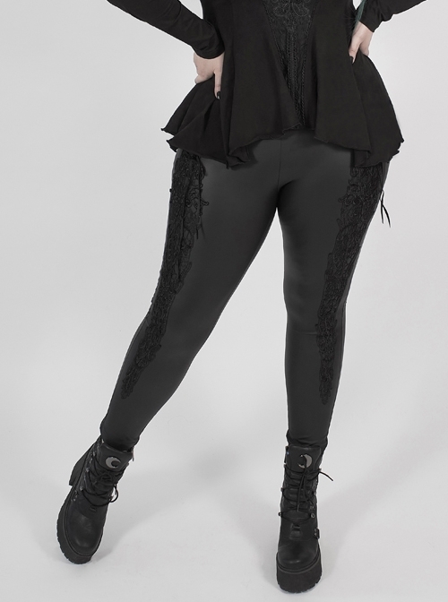 Side Ribbon Decals Black Gothic Plus Size Stretch Imitation Leather Knit Legging