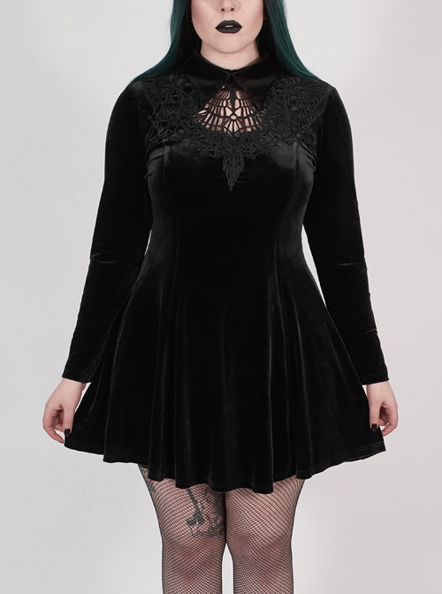 Front Chest Hollow-Out Decals Back Lace-Up Long Sleeve Black Gothic Plus Size Mercerized Velvet Dress