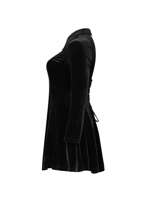 Front Chest Hollow-Out Decals Back Lace-Up Long Sleeve Black Gothic Plus Size Mercerized Velvet Dress