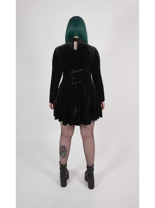 Front Chest Hollow-Out Decals Back Lace-Up Long Sleeve Black Gothic Plus Size Mercerized Velvet Dress