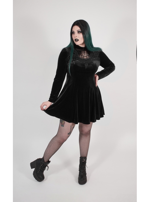 Front Chest Hollow-Out Decals Back Lace-Up Long Sleeve Black Gothic Plus Size Mercerized Velvet Dress