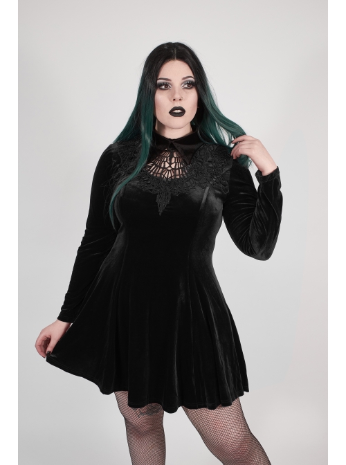 Front Chest Hollow-Out Decals Back Lace-Up Long Sleeve Black Gothic Plus Size Mercerized Velvet Dress