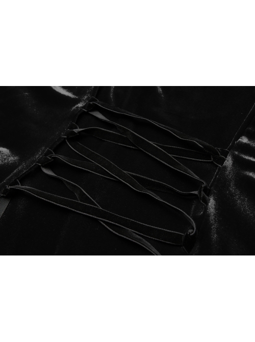 Front Chest Hollow-Out Decals Back Lace-Up Long Sleeve Black Gothic Plus Size Mercerized Velvet Dress