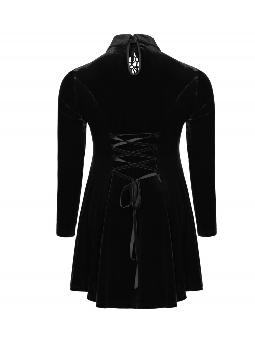 Front Chest Hollow-Out Decals Back Lace-Up Long Sleeve Black Gothic Plus Size Mercerized Velvet Dress