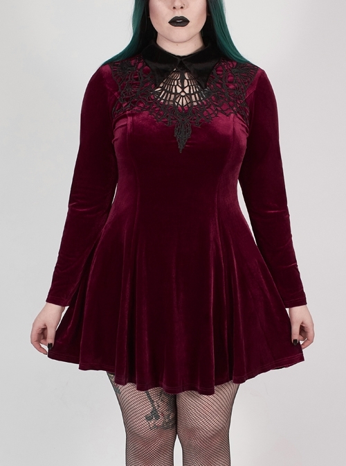 Front Chest Hollow-Out Decals Back Lace-Up Long Sleeve Wine Red Gothic Plus Size Mercerized Velvet Dress