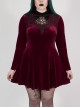 Front Chest Hollow-Out Decals Back Lace-Up Long Sleeve Wine Red Gothic Plus Size Mercerized Velvet Dress