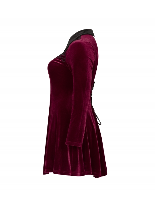 Front Chest Hollow-Out Decals Back Lace-Up Long Sleeve Wine Red Gothic Plus Size Mercerized Velvet Dress