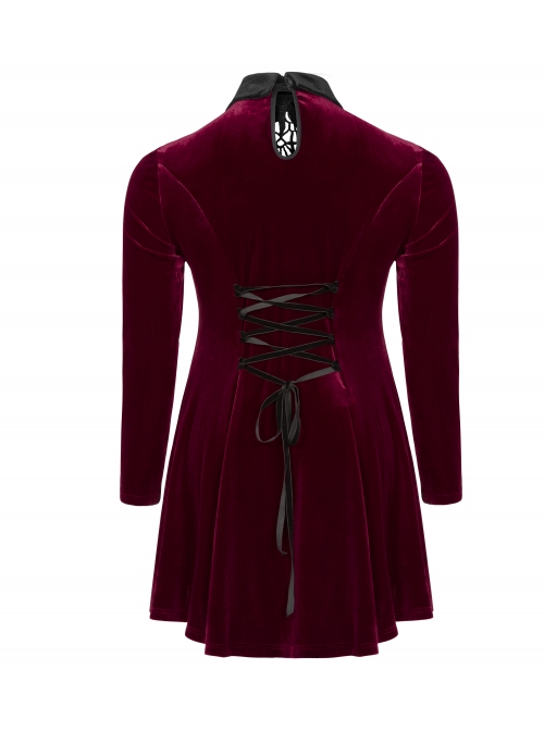 Front Chest Hollow-Out Decals Back Lace-Up Long Sleeve Wine Red Gothic Plus Size Mercerized Velvet Dress