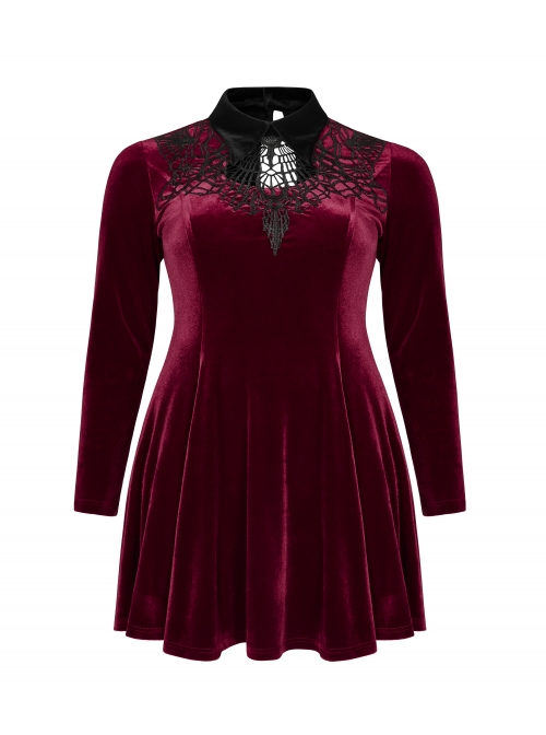 Front Chest Hollow-Out Decals Back Lace-Up Long Sleeve Wine Red Gothic Plus Size Mercerized Velvet Dress