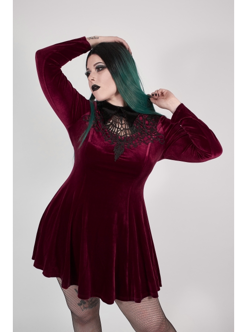 Front Chest Hollow-Out Decals Back Lace-Up Long Sleeve Wine Red Gothic Plus Size Mercerized Velvet Dress