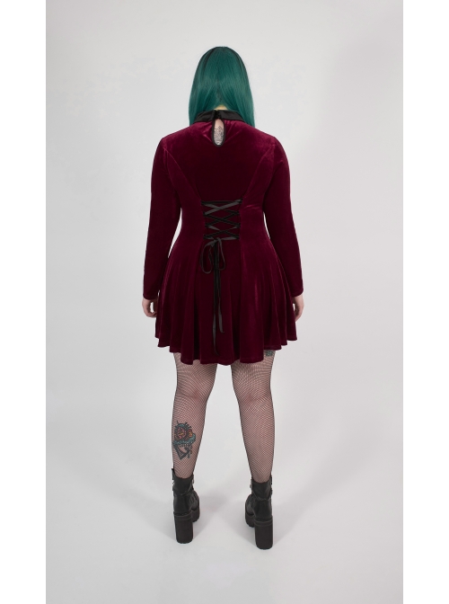 Front Chest Hollow-Out Decals Back Lace-Up Long Sleeve Wine Red Gothic Plus Size Mercerized Velvet Dress