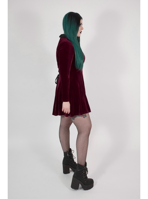 Front Chest Hollow-Out Decals Back Lace-Up Long Sleeve Wine Red Gothic Plus Size Mercerized Velvet Dress