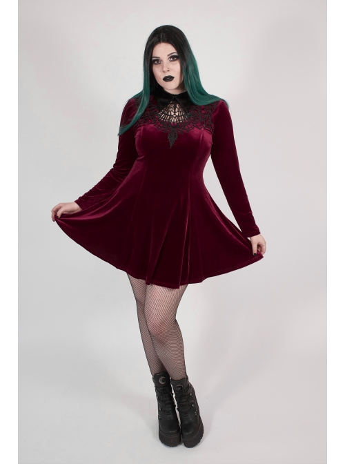 Front Chest Hollow-Out Decals Back Lace-Up Long Sleeve Wine Red Gothic Plus Size Mercerized Velvet Dress