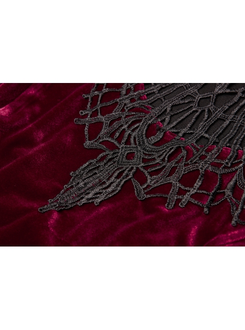 Front Chest Hollow-Out Decals Back Lace-Up Long Sleeve Wine Red Gothic Plus Size Mercerized Velvet Dress