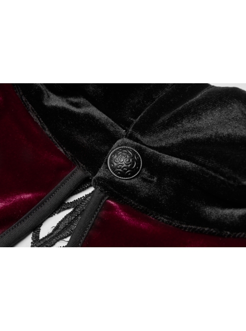 Front Chest Hollow-Out Decals Back Lace-Up Long Sleeve Wine Red Gothic Plus Size Mercerized Velvet Dress