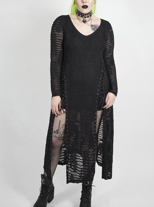Side Lace-Up Long Sleeve Split Hem Black Punk Plus Size Snake Printing Broken Holes Knit Dress