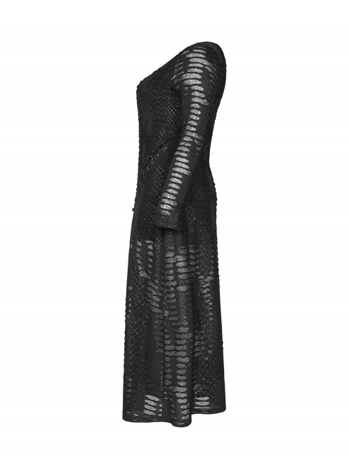 Side Lace-Up Long Sleeve Split Hem Black Punk Plus Size Snake Printing Broken Holes Knit Dress