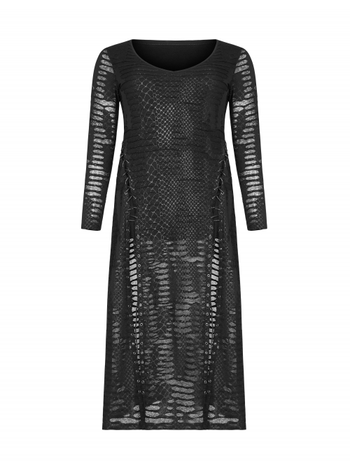 Side Lace-Up Long Sleeve Split Hem Black Punk Plus Size Snake Printing Broken Holes Knit Dress