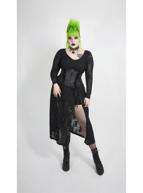 Side Lace-Up Long Sleeve Split Hem Black Punk Plus Size Snake Printing Broken Holes Knit Dress