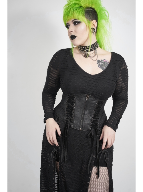 Side Lace-Up Long Sleeve Split Hem Black Punk Plus Size Snake Printing Broken Holes Knit Dress