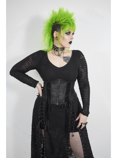Side Lace-Up Long Sleeve Split Hem Black Punk Plus Size Snake Printing Broken Holes Knit Dress