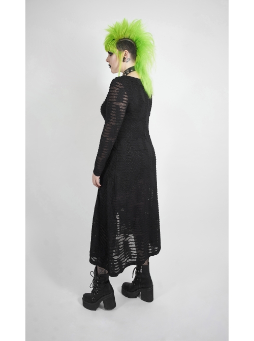 Side Lace-Up Long Sleeve Split Hem Black Punk Plus Size Snake Printing Broken Holes Knit Dress