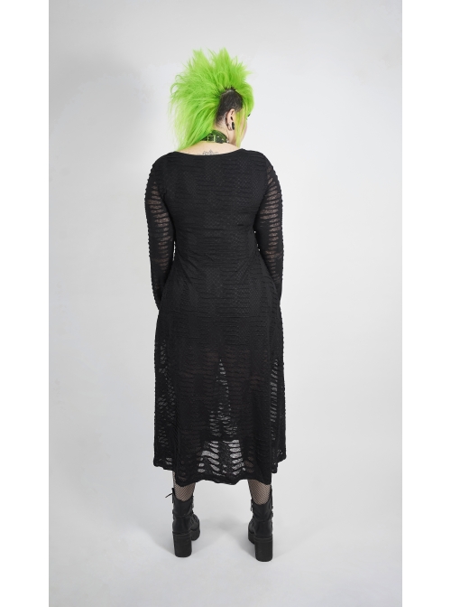 Side Lace-Up Long Sleeve Split Hem Black Punk Plus Size Snake Printing Broken Holes Knit Dress