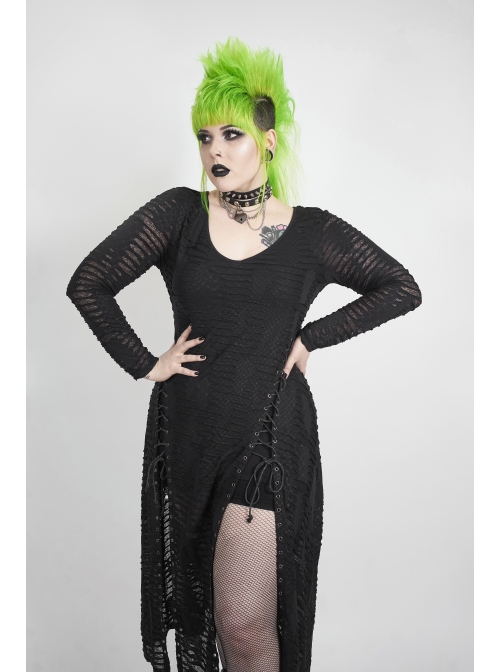 Side Lace-Up Long Sleeve Split Hem Black Punk Plus Size Snake Printing Broken Holes Knit Dress