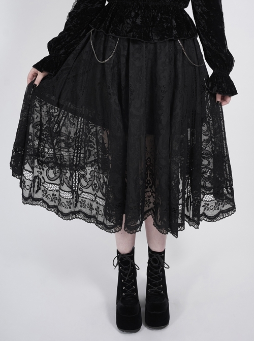 Waist D-Shaped Clasps Metal Chain Decoration Black Gothic Plus Size Lace Skirt