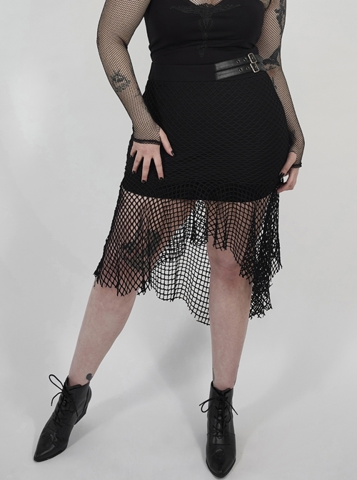 Side Leather Clasp Splice Rough Mesh Irregular Hem Black Punk Plus Size Fishtail Knit Skirt