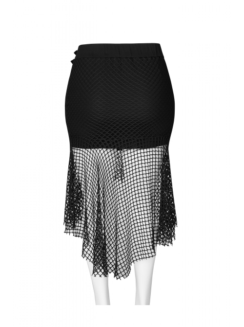 Side Leather Clasp Splice Rough Mesh Irregular Hem Black Punk Plus Size Fishtail Knit Skirt
