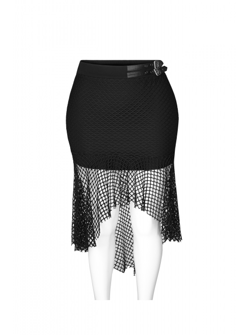 Side Leather Clasp Splice Rough Mesh Irregular Hem Black Punk Plus Size Fishtail Knit Skirt