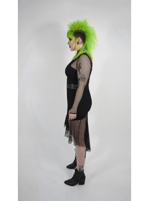 Side Leather Clasp Splice Rough Mesh Irregular Hem Black Punk Plus Size Fishtail Knit Skirt