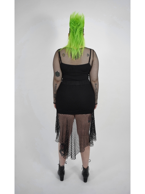 Side Leather Clasp Splice Rough Mesh Irregular Hem Black Punk Plus Size Fishtail Knit Skirt