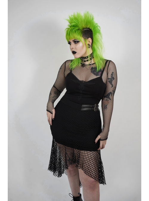 Side Leather Clasp Splice Rough Mesh Irregular Hem Black Punk Plus Size Fishtail Knit Skirt