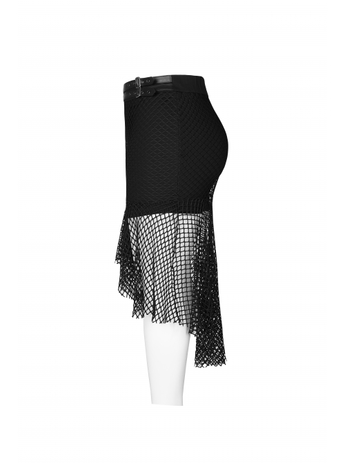 Side Leather Clasp Splice Rough Mesh Irregular Hem Black Punk Plus Size Fishtail Knit Skirt