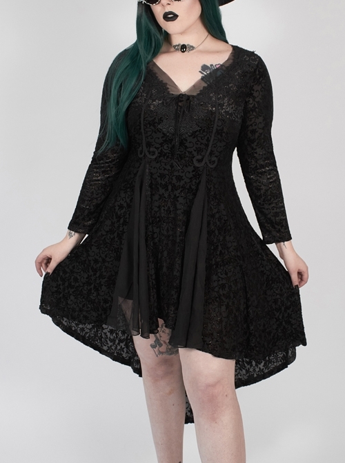 V-Neck Front Chest Decals Splice Chiffon Long Sleeve Back Waist Lace-Up Black Gothic Plus Size Velvet Dress