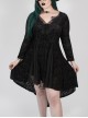 V-Neck Front Chest Decals Splice Chiffon Long Sleeve Back Waist Lace-Up Black Gothic Plus Size Velvet Dress