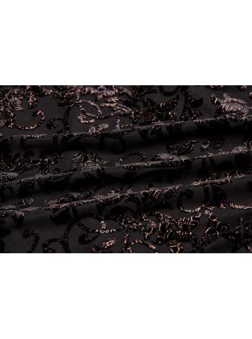 V-Neck Front Chest Decals Splice Chiffon Long Sleeve Back Waist Lace-Up Black Gothic Plus Size Velvet Dress