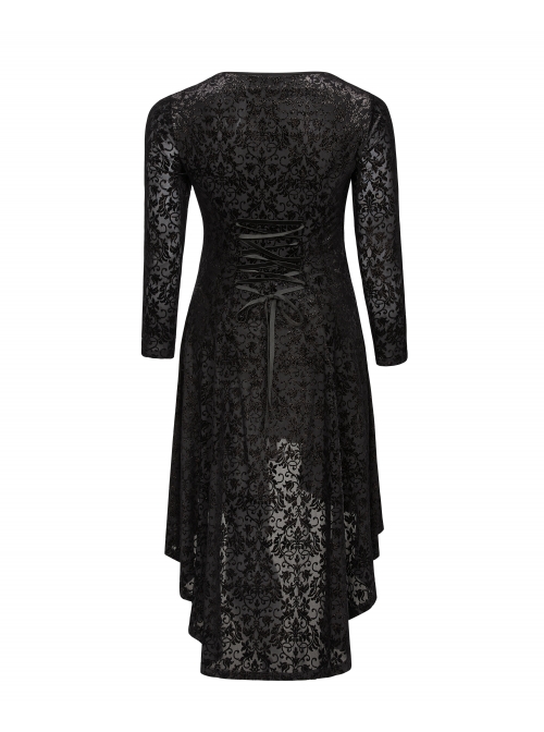 V-Neck Front Chest Decals Splice Chiffon Long Sleeve Back Waist Lace-Up Black Gothic Plus Size Velvet Dress