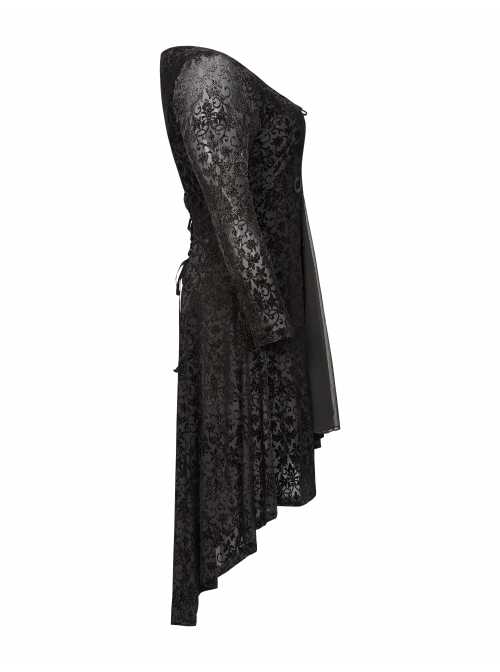 V-Neck Front Chest Decals Splice Chiffon Long Sleeve Back Waist Lace-Up Black Gothic Plus Size Velvet Dress