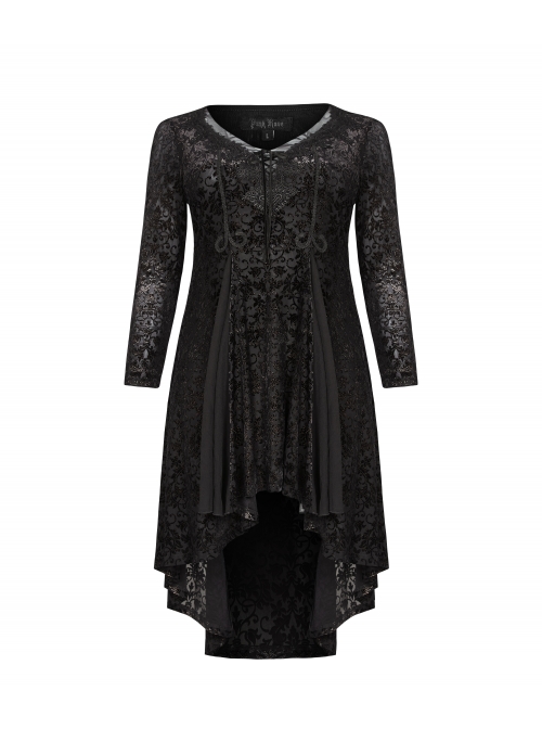 V-Neck Front Chest Decals Splice Chiffon Long Sleeve Back Waist Lace-Up Black Gothic Plus Size Velvet Dress