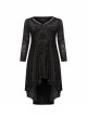 V-Neck Front Chest Decals Splice Chiffon Long Sleeve Back Waist Lace-Up Black Gothic Plus Size Velvet Dress