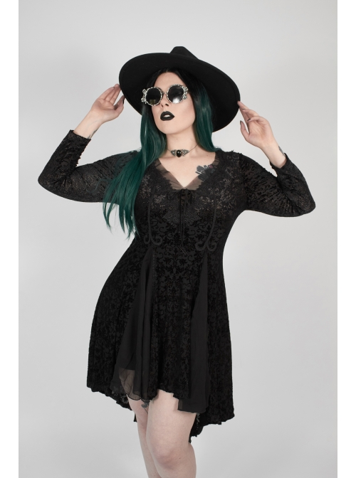 V-Neck Front Chest Decals Splice Chiffon Long Sleeve Back Waist Lace-Up Black Gothic Plus Size Velvet Dress