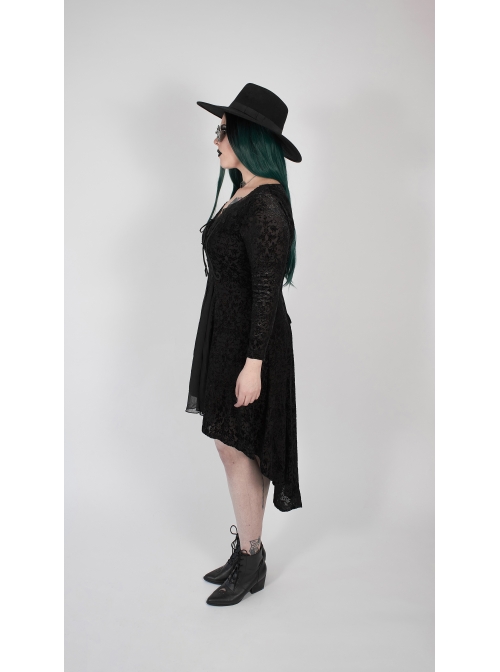 V-Neck Front Chest Decals Splice Chiffon Long Sleeve Back Waist Lace-Up Black Gothic Plus Size Velvet Dress