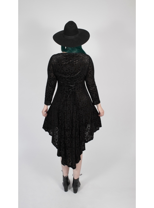 V-Neck Front Chest Decals Splice Chiffon Long Sleeve Back Waist Lace-Up Black Gothic Plus Size Velvet Dress