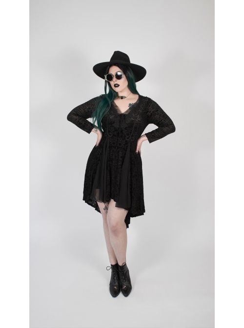 V-Neck Front Chest Decals Splice Chiffon Long Sleeve Back Waist Lace-Up Black Gothic Plus Size Velvet Dress