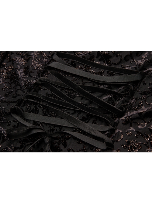 V-Neck Front Chest Decals Splice Chiffon Long Sleeve Back Waist Lace-Up Black Gothic Plus Size Velvet Dress