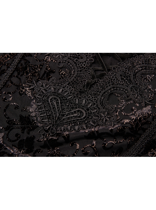V-Neck Front Chest Decals Splice Chiffon Long Sleeve Back Waist Lace-Up Black Gothic Plus Size Velvet Dress